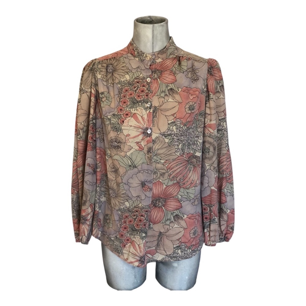 VTG Floral High-Neck Long Sleeve Blouse in Muted Coral and Dusty Rose
